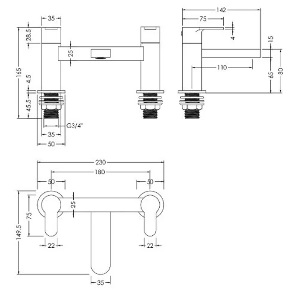 Yarton Matt Black Deck Mounted Bath Filler Tech Sheet