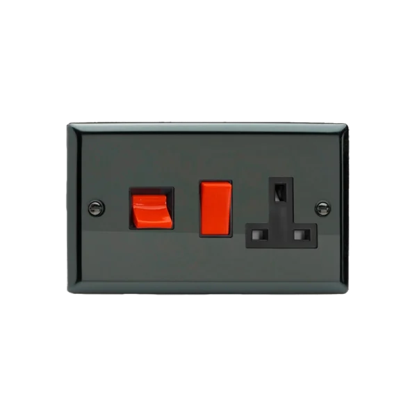 Varilight Classic Iridium 45A Cooker Panel with 13A Double Pole Switched Socket Outlet (Black/Red Rocker)