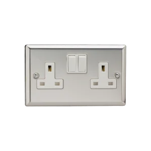 Varilight Classic Mirror Chrome 2-Gang 13A Double Pole Switched Socket with White Inserts