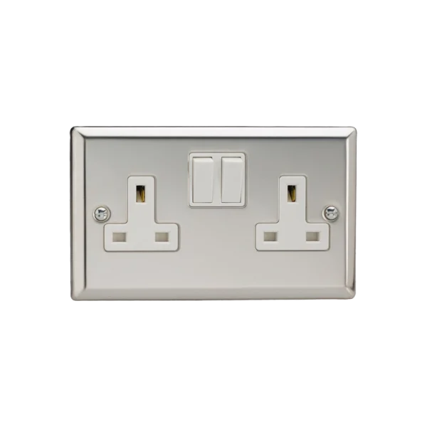 Varilight Classic Mirror Chrome 2-Gang 13A Double Pole Switched Socket with White Inserts