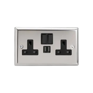 Varilight Classic Mirror Chrome 2-Gang 13A Switched Socket with 2 x 12W Shared USB A Charging Ports with Black Insert
