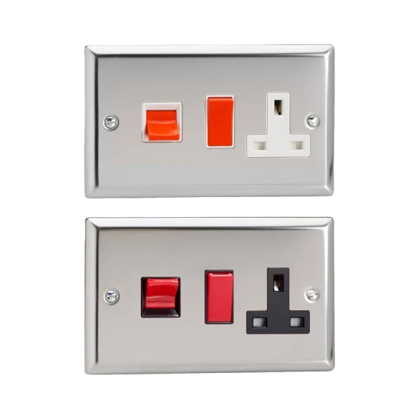 Varilight Classic Mirror Chrome 45A Cooker Panel with 13A Double Pole Switched Socket Outlet