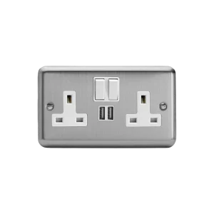 Varilight Value Matt Chrome 2-Gang 13A Switched Socket with 2 x 12W Shared USB A Charging Ports