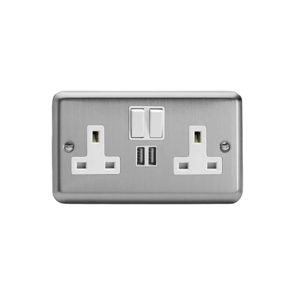 Varilight Value Matt Chrome 2-Gang 13A Switched Socket with 2 x 12W Shared USB A Charging Ports