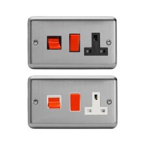 Varilight Value Matt Chrome 45A Cooker Panel with 13A Double Pole Switched Socket Outlet (Red Rocker)