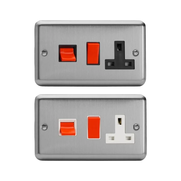 Varilight Value Matt Chrome 45A Cooker Panel with 13A Double Pole Switched Socket Outlet (Red Rocker)