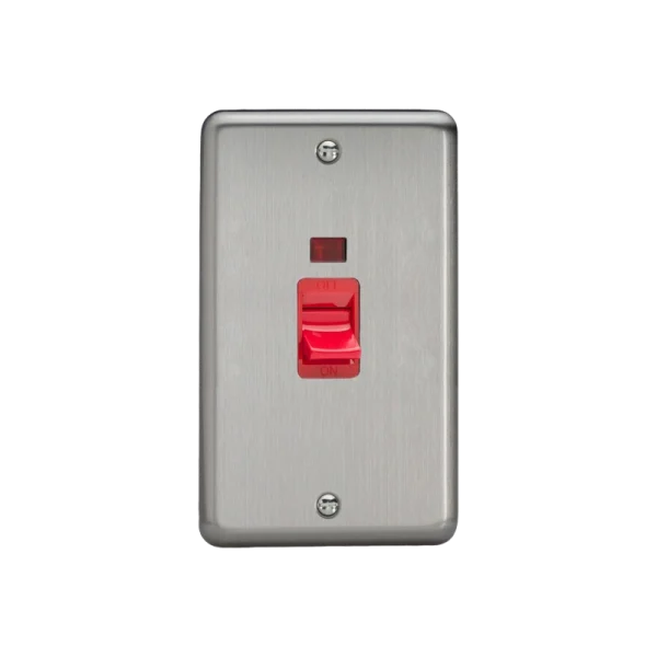 Varilight Value Matt Chrome Vertical Twin Plate 45A Cooker Switch with Neon (Red Rocker)