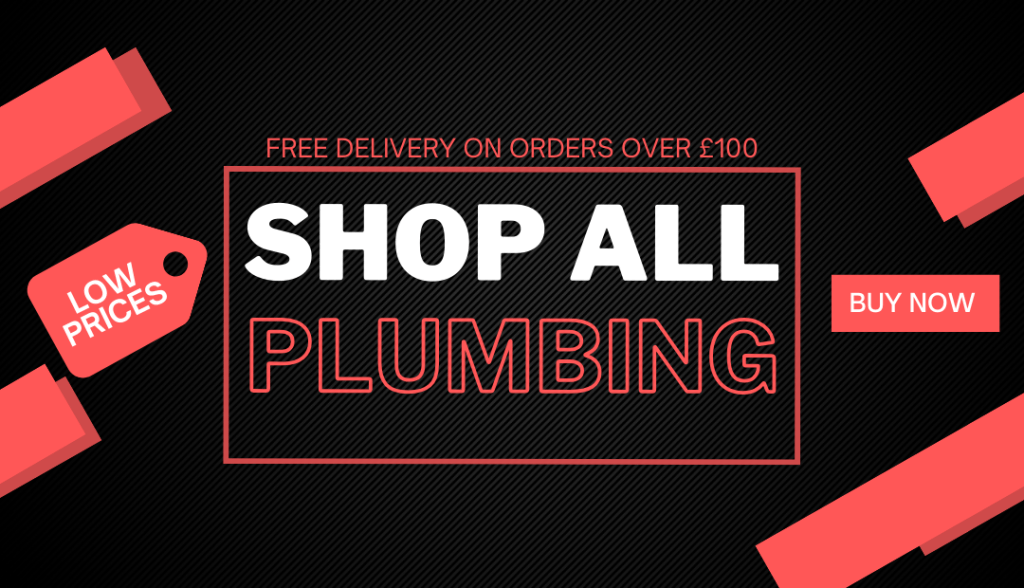 An image with a black background and vibrant coral colours promoting 'Shop All Plumbing'