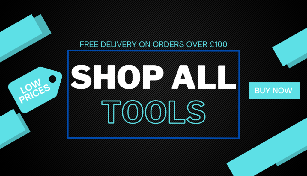 "Shop All Tools" text in front of a black background with blue highlights