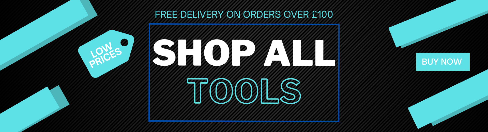 "Shop All Tools" text in front of a black background with blue highlights