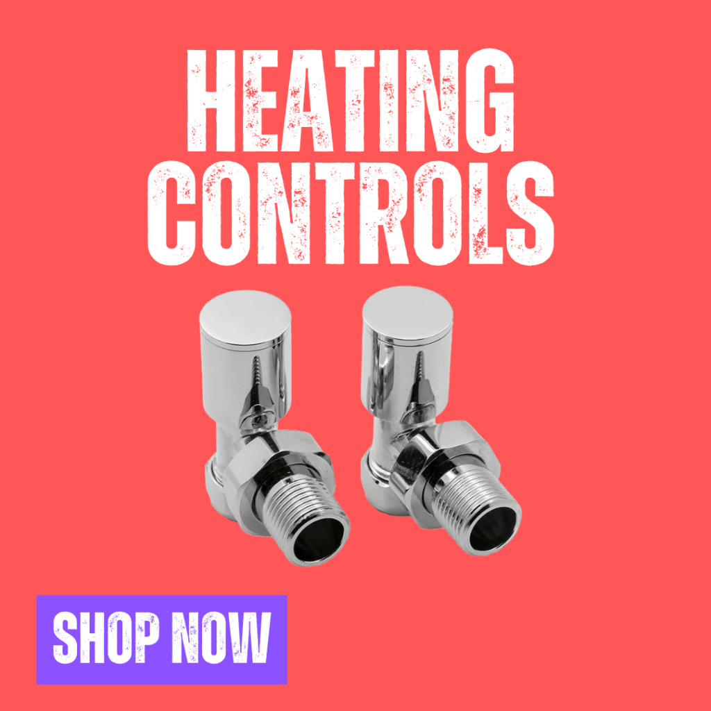 The words 'heating controls' in front of a redish pink background, with an image of radiator valves below it, and a 'shop now' call to action.