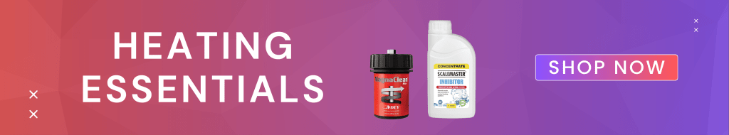 The words 'Heating Essentials' on a gradient background, with images of a filter and chemicals next to it, with the call to action Shop now.