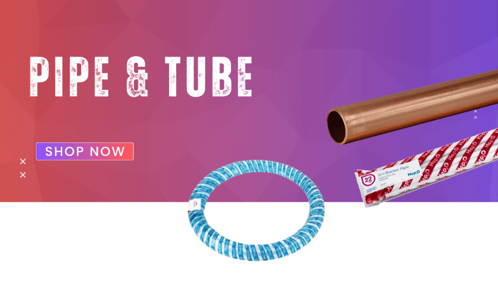The text 'pipe & tube' in front of a gradient background, with copper and barrier pipe images next to it.