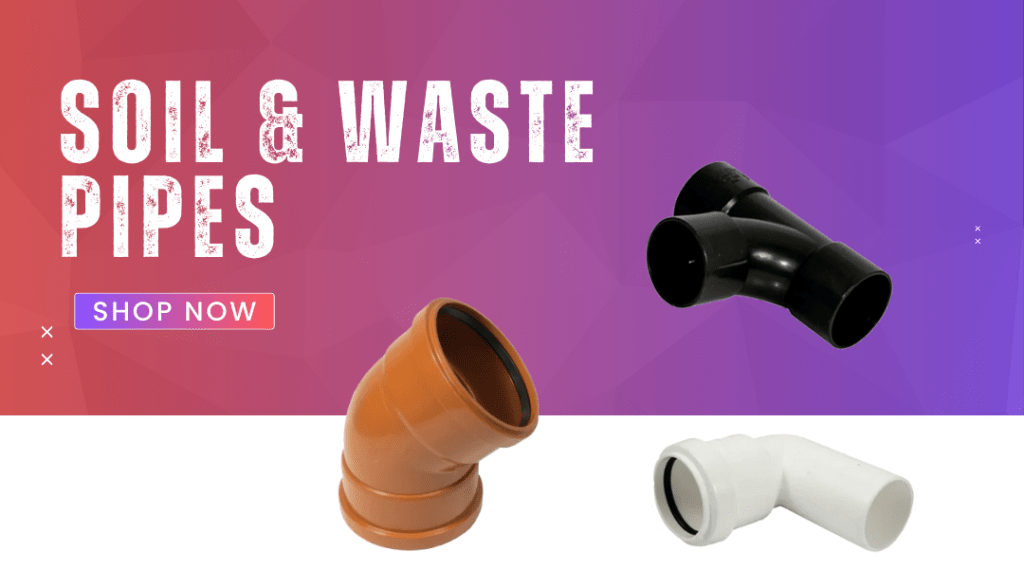 The words 'soil and waste pipes' in front of a gradient background, with images of underground waste pipes, and black and white pipes next to it.