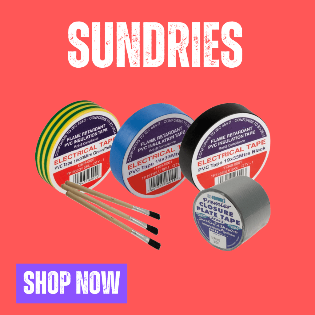 The words 'sundries' in front of a redish pink background, with an image of a selection of products below it, and a 'shop now' call to action.