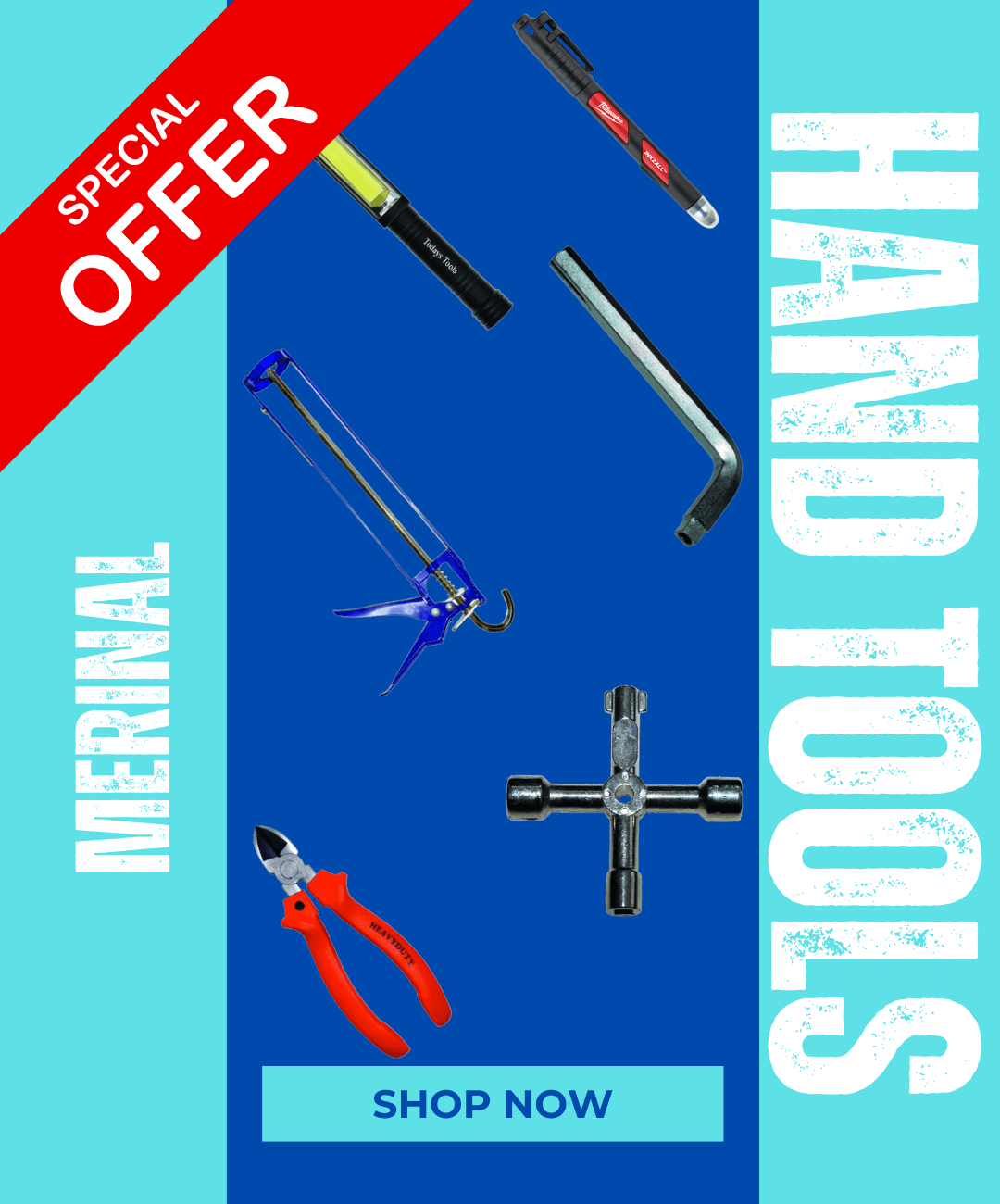 The text "Hand Tools" in front of a bright blue and dark blue background, with images of hand tools in the middle