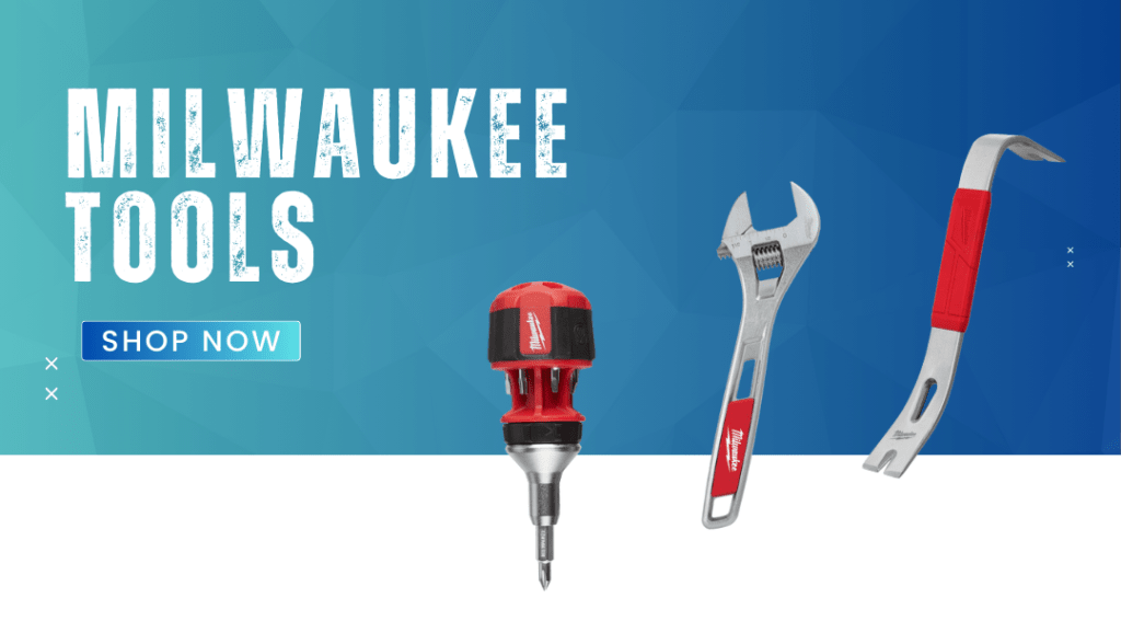 The text "Milwaukee Tools" in front of a gradient background, with images of Milwaukee tools next to it