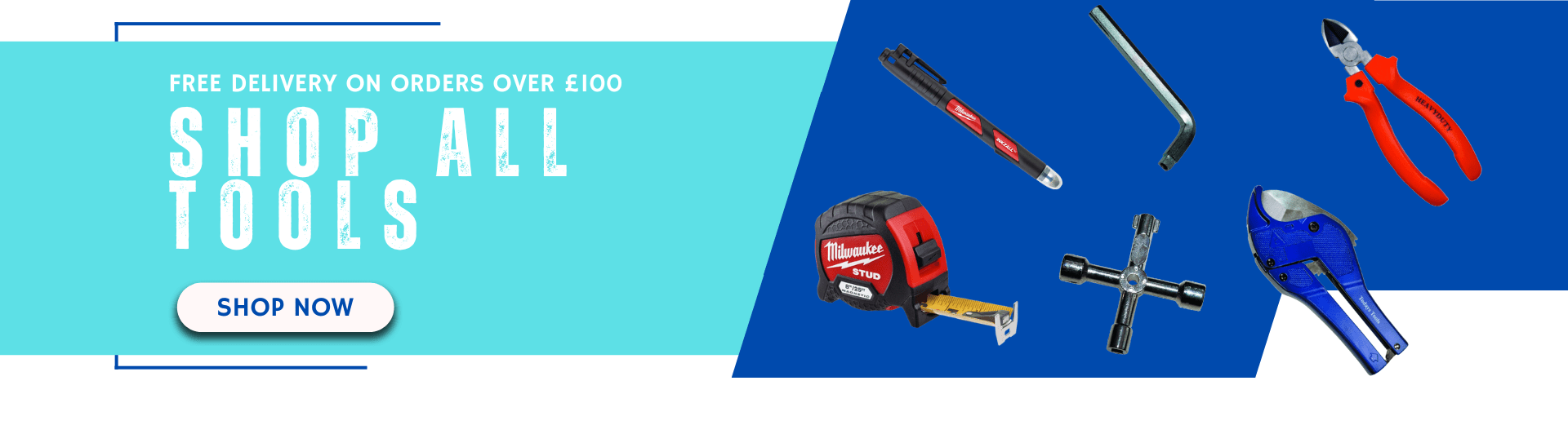 "Shop All Tools" text in front of a white background with blue highlights with images of Merinal tools.