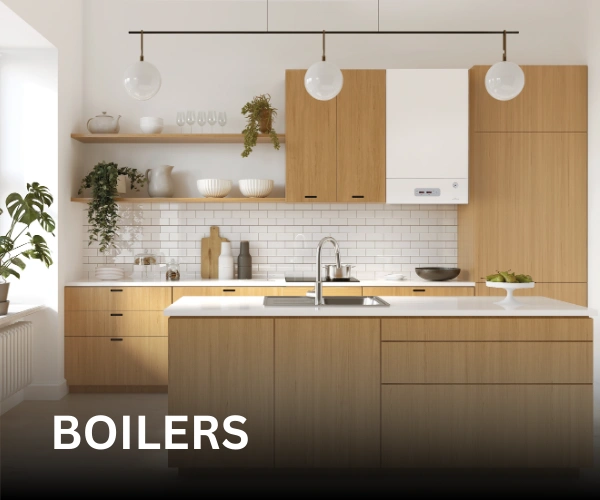 An Elnur MAC15 boiler installed in a kitchen. The text 'Boilers' is in front of it.