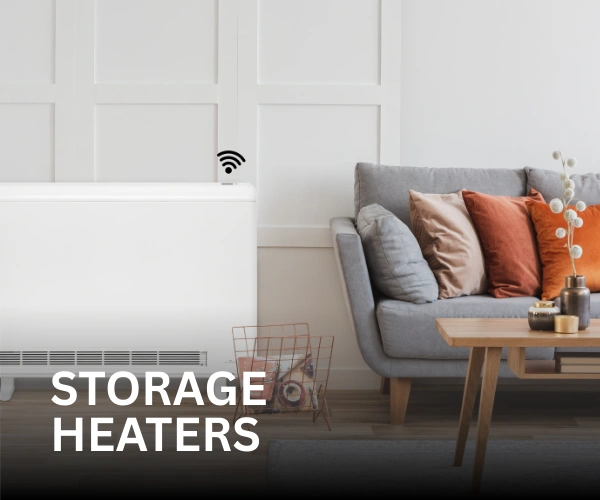 The Elnur ECOHHR PLUS storage heater in a living room, with a Wi-Fi symbol above it. The text 'Storage Heaters' is in front of it.