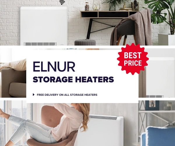 Three images of Elnur storage heaters in the background of text stating 'Elnur heaters - Free delivery on all storage heaters. Best price'