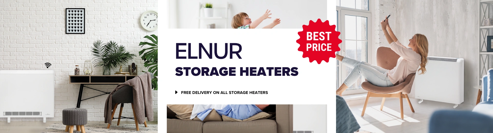 Three images of Elnur storage heaters in the background of text stating 'Elnur heaters - Free delivery on all storage heaters. Best price'