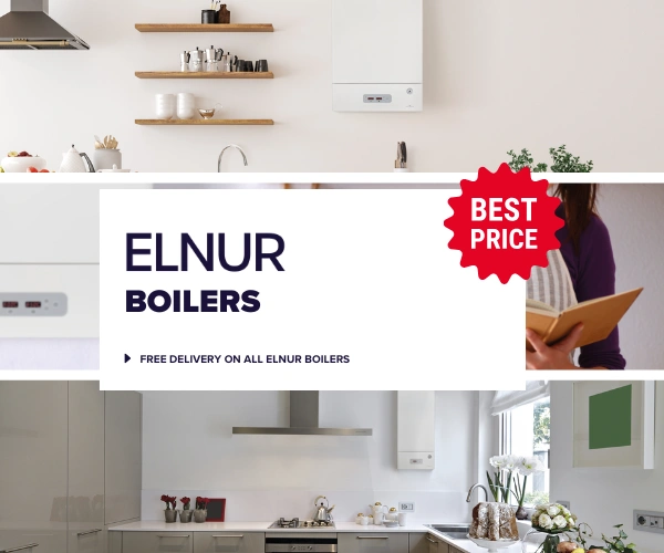 Three images of Elnur boilers in the background of text stating 'Elnur boilers - Free delivery on all Elnur boilers. Best price'