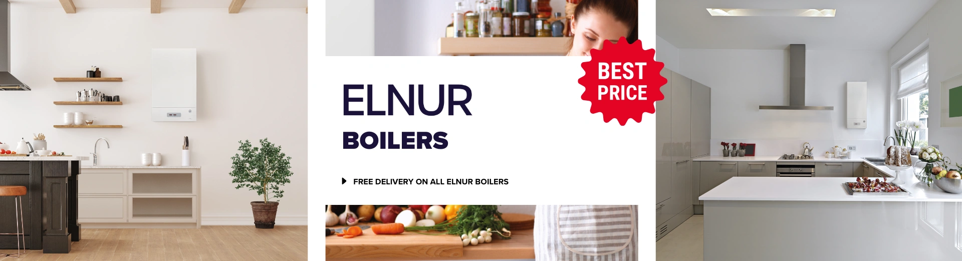 Three images of Elnur boilers in the background of text stating 'Elnur boilers - Free delivery on all Elnur boilers. Best price'