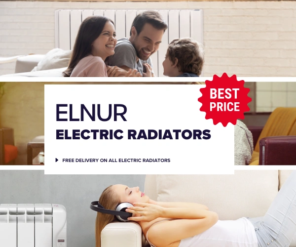Three images of Elnur electric radiators in the background of text stating 'Elnur electric radiators - Free delivery on all electric radiators. Best price'