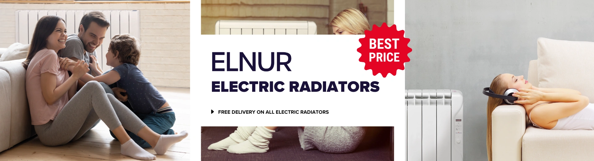 Three images of Elnur electric radiators in the background of text stating 'Elnur electric radiators - Free delivery on all electric radiators. Best price'