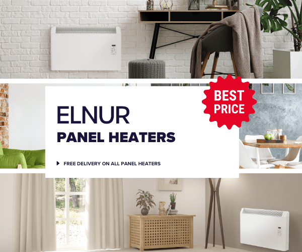 Three images of Elnur panel heaters in the background of text stating 'Elnur panel heaters - Free delivery on all panel heaters. Best price'