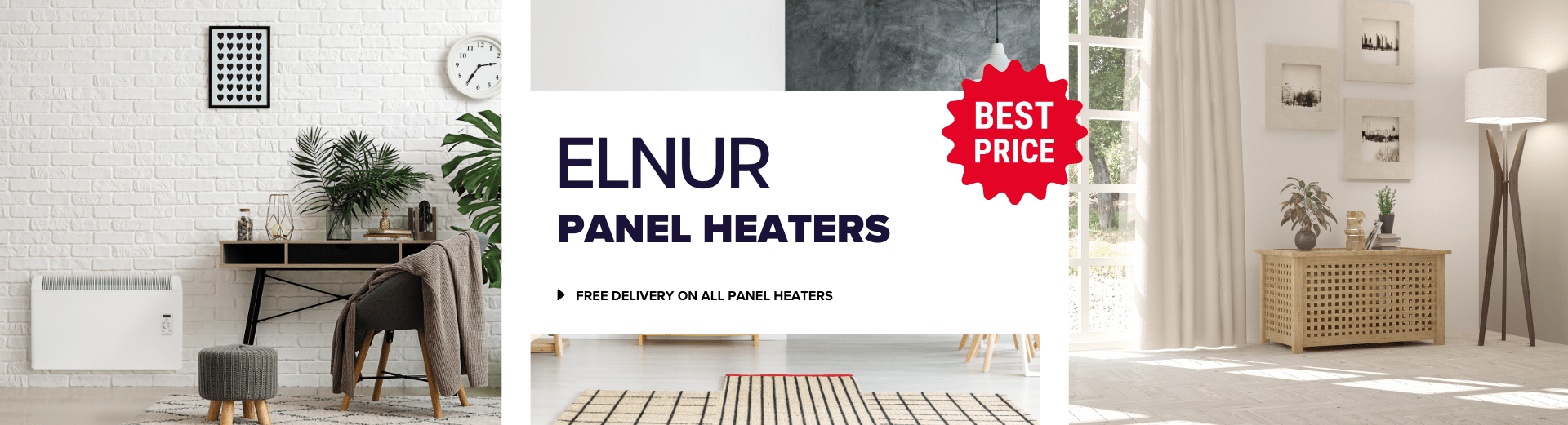 Three images of Elnur panel heaters in the background of text stating 'Elnur panel heaters - Free delivery on all panel heaters. Best price'