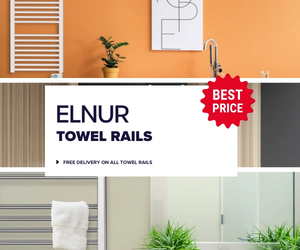 Three images of Elnur towel rails in the background of text stating 'Elnur towel rails - Free delivery on all towel rails. Best price'