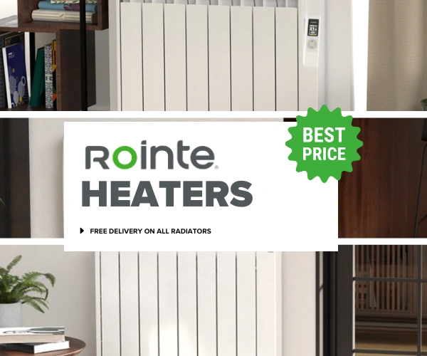 Rointe radiators split in three, with the text 'Rointe Heaters - free delivery on Rointe wifi radiators' in front of them. A green sticker has the text 'Best Price' in white next to it.