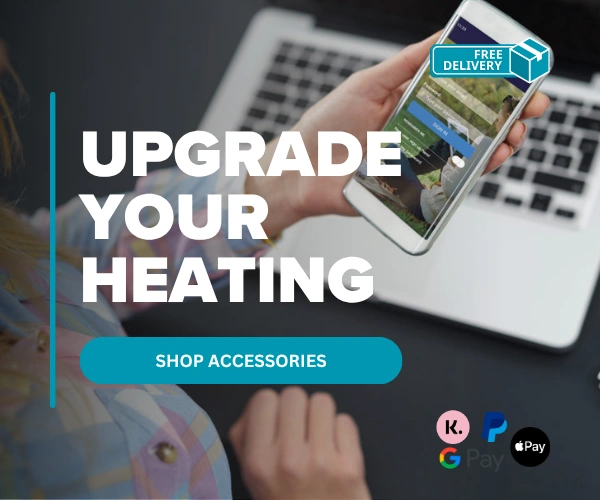 A woman on her phone, controlling her heating, with the text "Upgrade your heating".