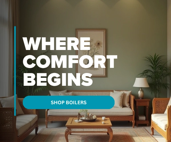 A boiler installed in a kitchen, with the text "where comfort begins".