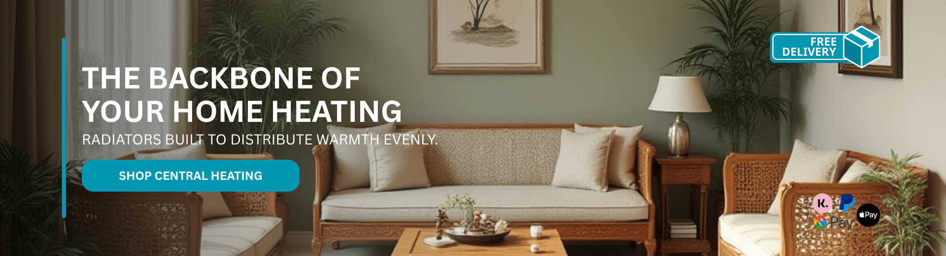 An image of a living room, with beige couches and warm lighting. Text reads "The backbone of your home heating".