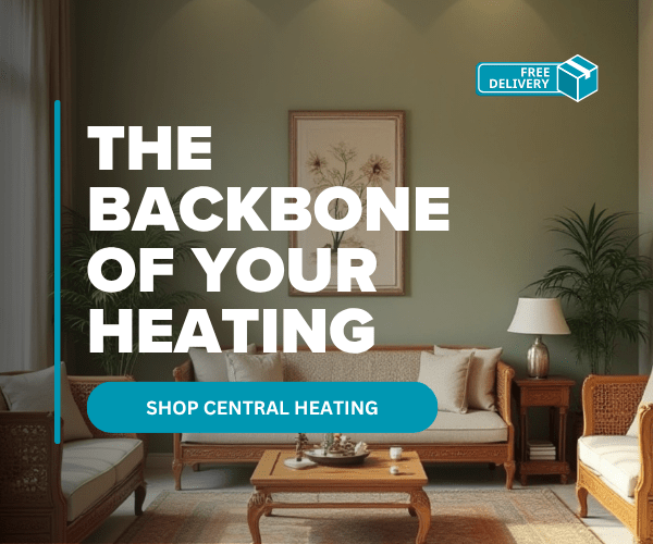 An image of a living room, with beige couches and warm lighting. Text reads "The backbone of your heating".