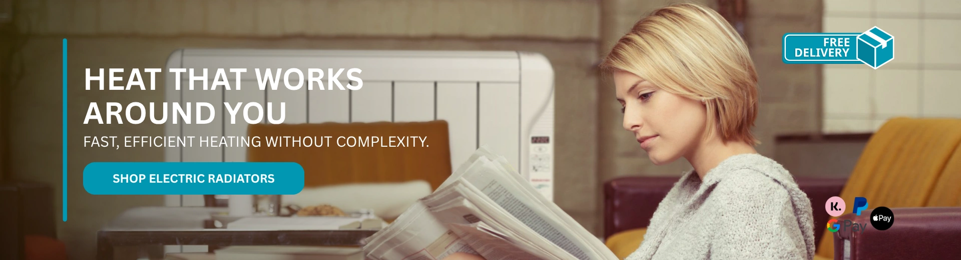 A woman reading a newspaper, with a radiator behind her. Text in front of her reads "Heat that works around you".