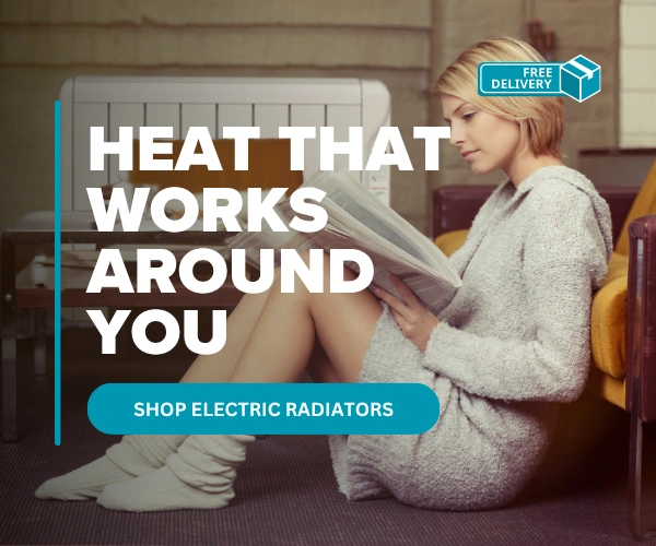 A woman reading a newspaper, with a radiator behind her. Text in front of her reads "Heat that works around you".
