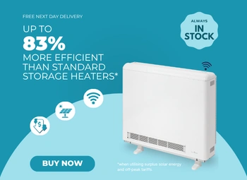 Elnur ECOHHR PLUS storage heater to the right of text saying "up to 83% more efficient than standard storage heaters when utilising surplus solar energy and off-peak tariffs.