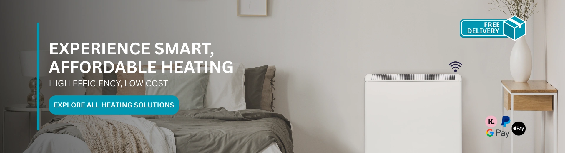 An image of a small storage heater in a bedroom, with promotional text in front of it.