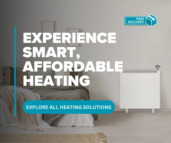 An image of a small storage heater in a bedroom, with promotional text in front of it.