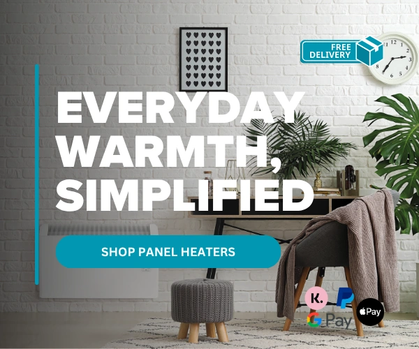 A panel heater installed on a brick wall next to a desk, with the text "Everyday warmth, simplified."