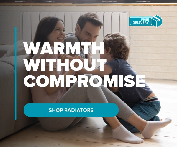 A happy family playing in front of a radiator, with text over them saying "Warmth without compromise".