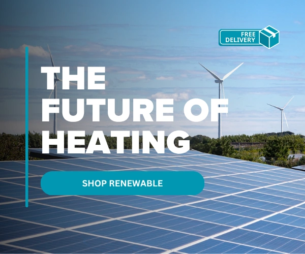 An image of a field full of solar panels, and some wind turbines, with the text "The Future of Heating" over it.