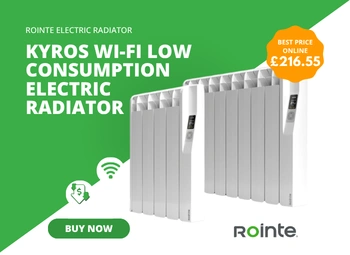 Rointe Kyros electric radiators to the right of text stating "Kyros Wi-Fi Low Consumption Electric Radiator"