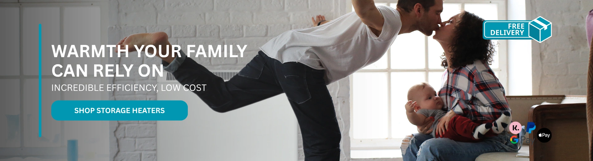 A happy family with text in front of it saying "Warmth your family can rely on".