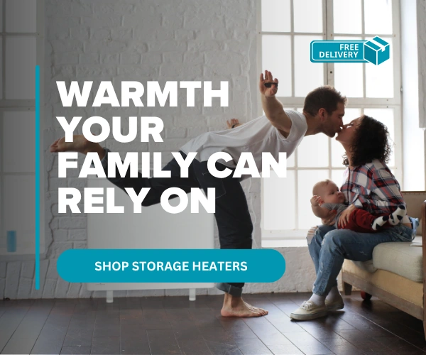 A happy family with text in front of it saying "Warmth your family can rely on".