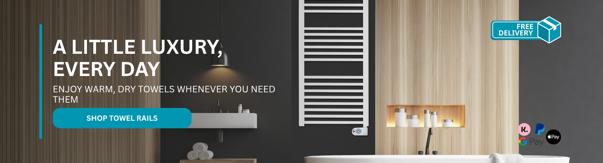 A white towel rail installed in a bathroom, just above a bath, with the text "A little luxury, every day".